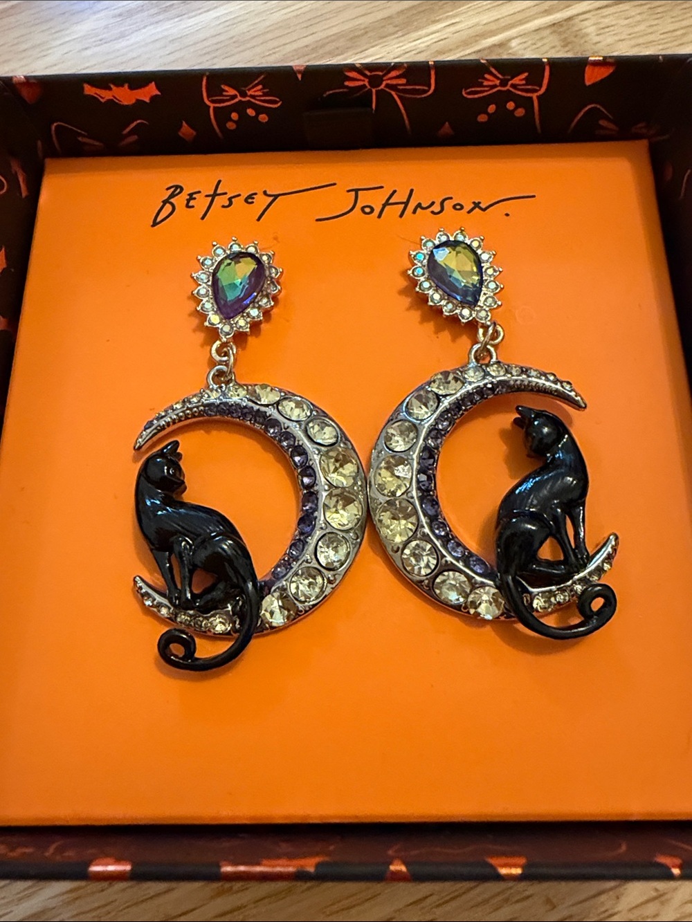 Betsey Johnson Black Cat Crescent Moon Drop Earrings